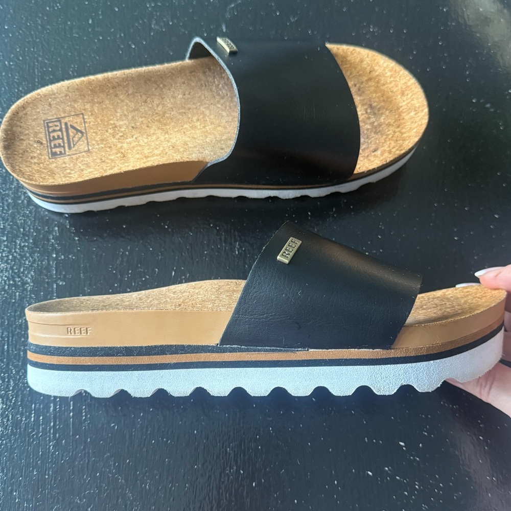 Reef Women's Black and Tan Cork Platform Slide Sandals